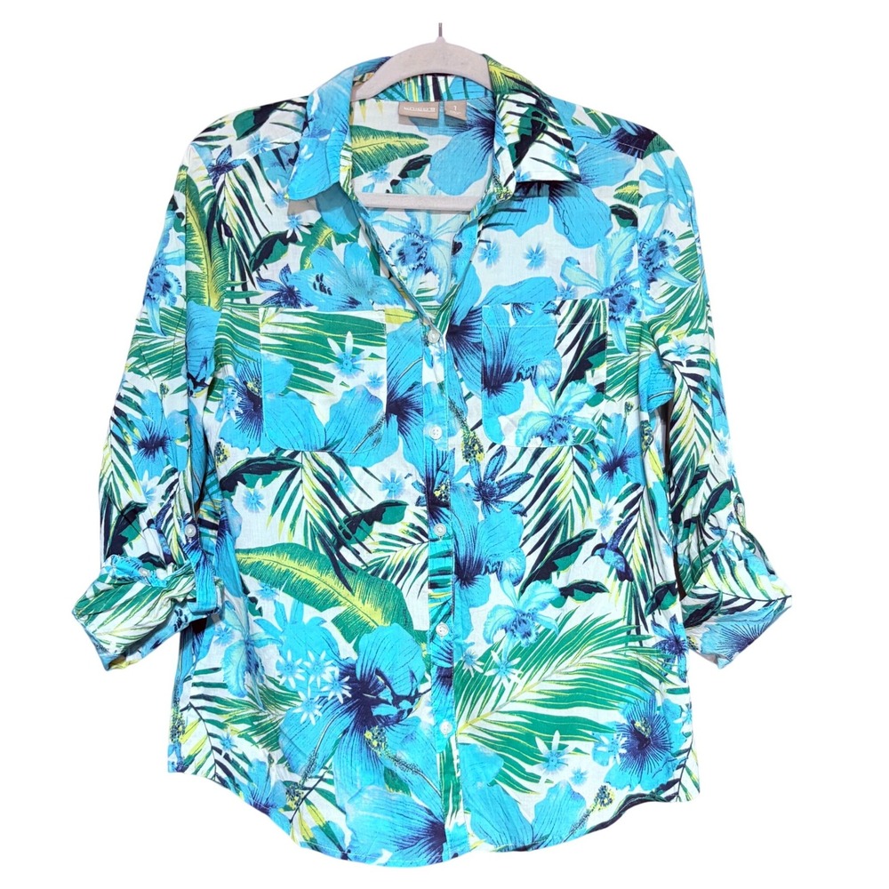 Chico's Linen Button Down Womens 1 Cotton Tropical Floral Blue Palm Roll‎ Tab